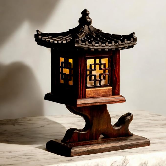 Traditional Korean Wood Lamp | Handmade Asian Oriental Table Lantern | Bedside Bedroom Accent Light | Unique Gift Idea | Pagoda Design (Brown) (Rock Temple)