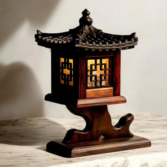Traditional Korean Wood Lamp | Handmade Asian Oriental Table Lantern | Bedside Bedroom Accent Light | Unique Gift Idea | Pagoda Design (Brown) (Rock Temple)