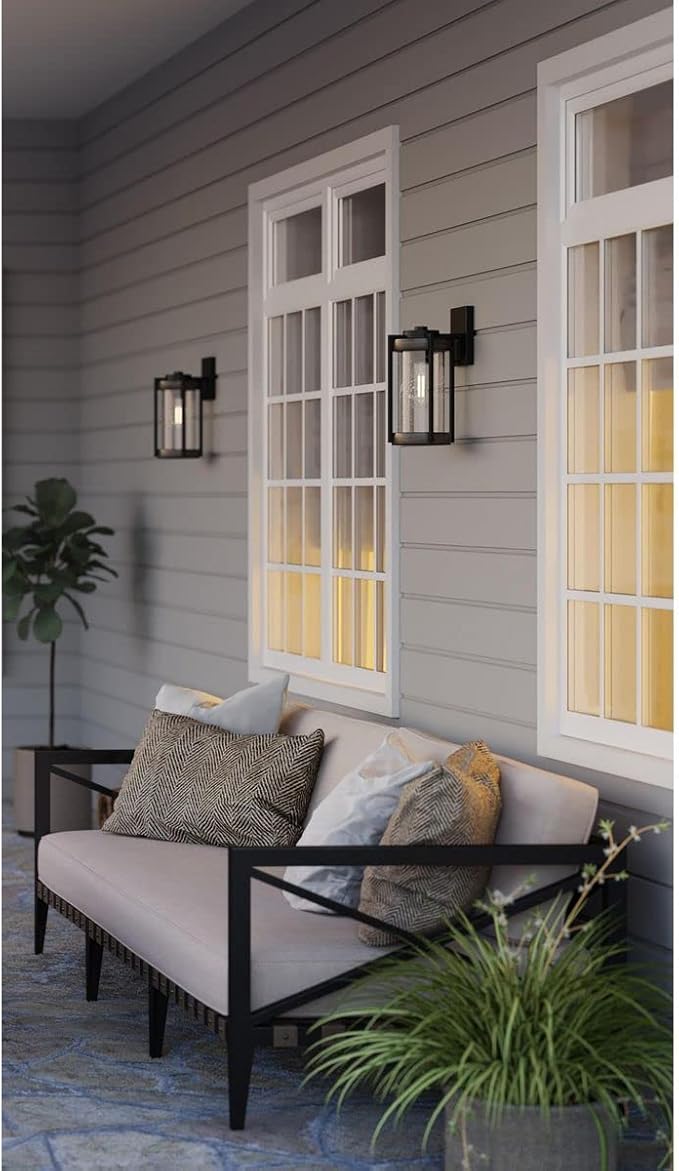 Whitmire Collection 1-Light Clear Seeded Glass Light Aged Oak Accents Farmhouse Outdoor Wall Lantern Light Matte Black