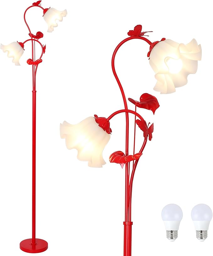 HMVPL Red Floor Lamp for Living Room, Flower Standing Lamp with 2 LED 5W Blubs, Foot Switch, Floral Tall Lamp with Acrylic Shade, Antique Lotus Flower Floor Lamp for Living Room Office Reading - Aura Lighting