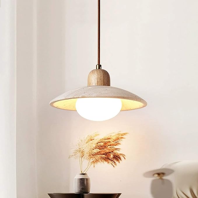Wabi Sabi Pendant Light Natural Stone Retro Japanese Style Yellow Travertine Pendant Lighting Vintage Wood Hanging Light Fixture Adjustable Height For Bedroom, Kitchen Island, Dining Room