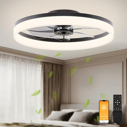VOLISUN Low Profile Ceiling Fans with Lights and Remote, 23.6in Flush Mount Ceiling Fans with Light, 3000K-6500K Dimmable Fandelier LED Fan Light, Bladeless Ceiling Fan with Lights for Bedroom(Black) - Aura Lighting