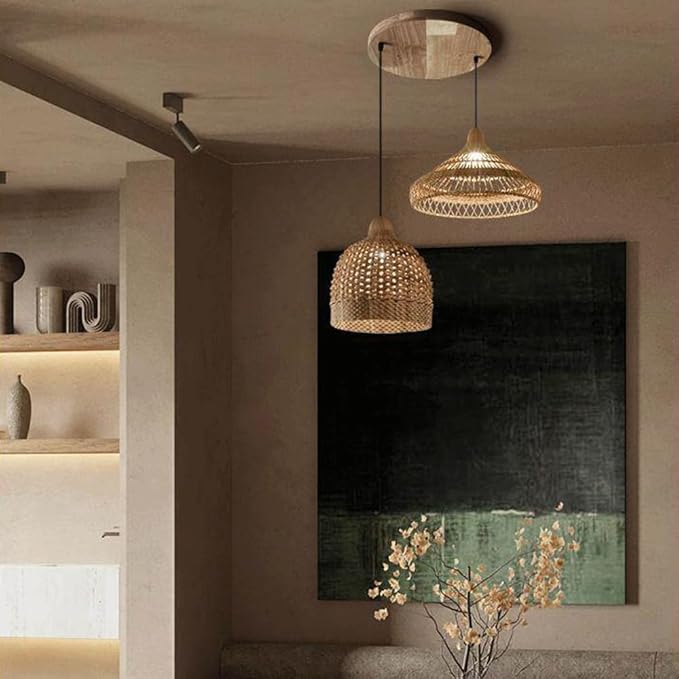 Rattan Wicker Pendant Light,Japanese Wabi-Sabi Vintage Bamboo Chandelier,Zen Natural Handwoven Hanging Lamp with Solid Wood Ceiling Plate,Living Room Fixture for Dining Room Bedside