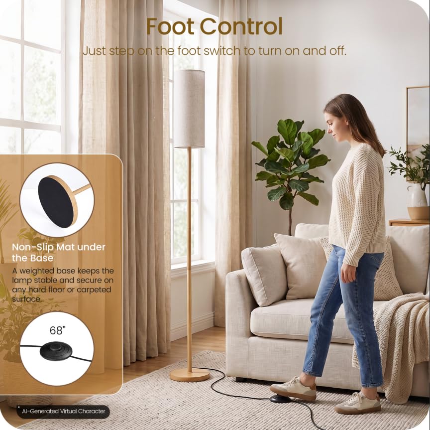 Wooden Textured Tall Slim Floor Lamp for Living Room with Remote and Foot Switch