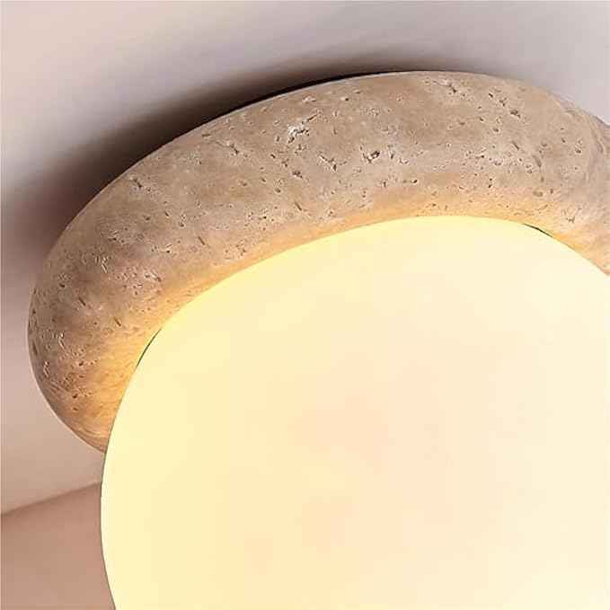 E26/E27Natural Yellow Travertine Semi Flush Mount Ceiling Light, 6-Inch Round Frosted Glass Globe, E26 Wabi-Sabi Japandi Style, Modern Minimalist Decor or Hallway, Entryway