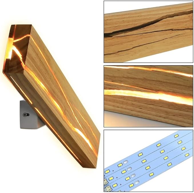 Modern Wood LED Wall Sconce Linear Bar Resin Cracked Design Natural Japandi Minimalist Fixture for Bathroom Vanity Mirror Hallway Bedroom Living Room Accent Light