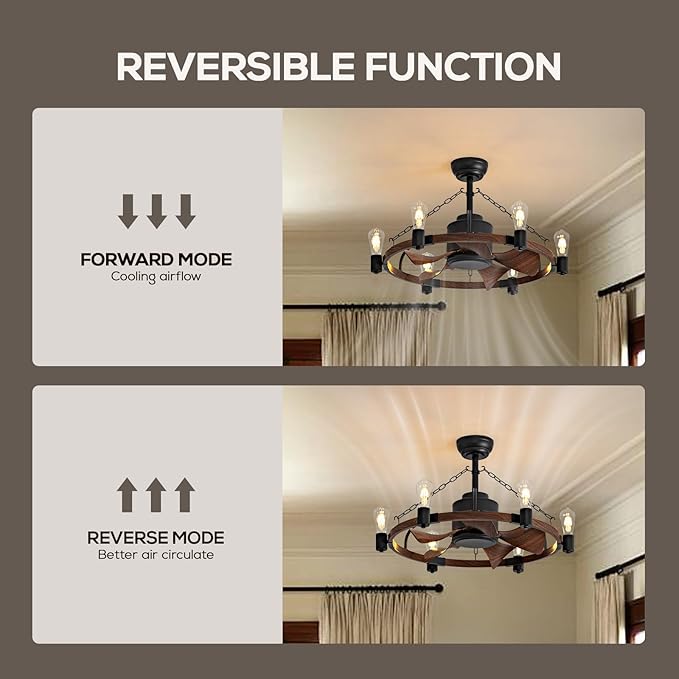 Ceiling Fan with Light, 28” Rustic Chandelier Ceiling Fan with Remote Control, Farmhouse Caged Ceiling Fan with Lights for Bedroom, Kitchen, Living Room, Dining Room - Aura Lighting