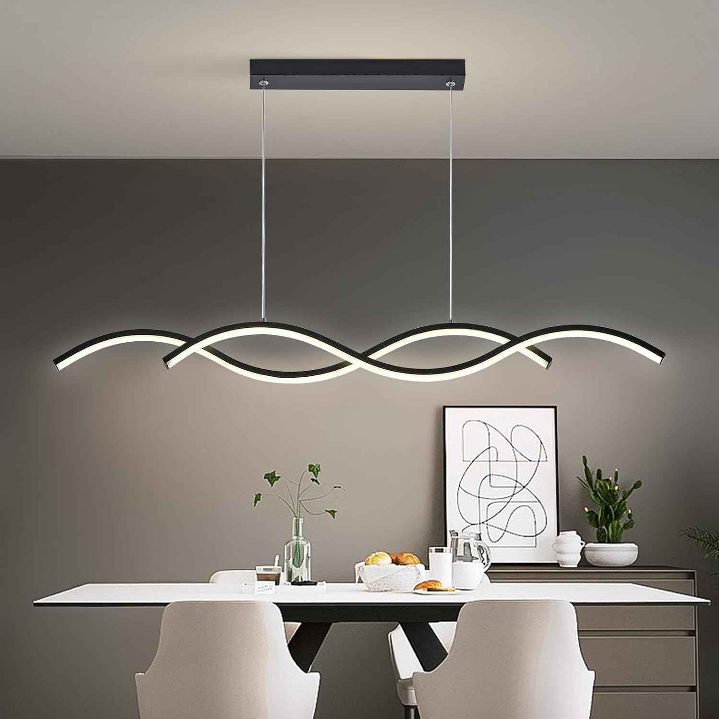Modern LED Chandelier 31.49in Waving Linear Pendant Light Dimmable 3000K-6000K with Remote Control Hanging Island Light Fixture for Dining Room Living Room
