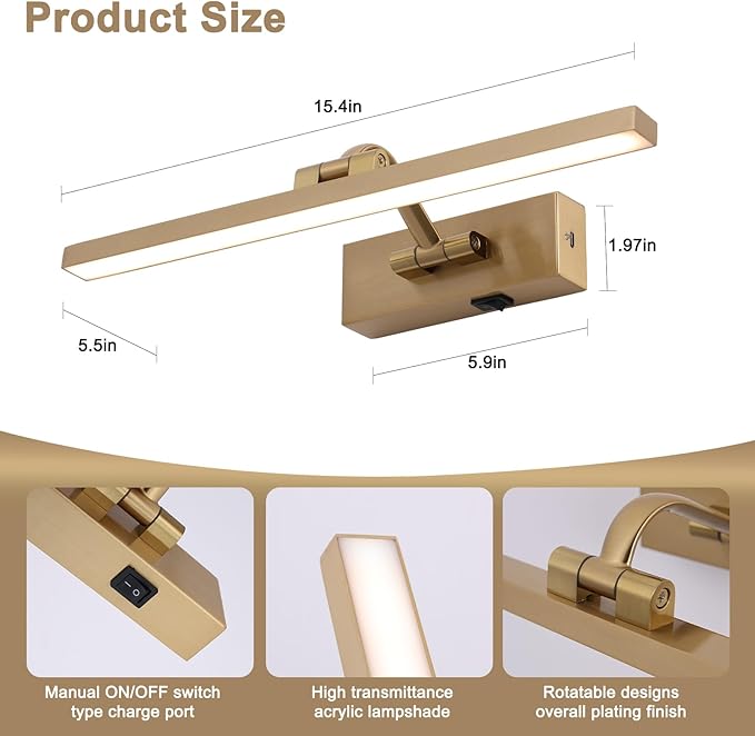 Wireless Picture Lights with Remote and Timer Brass Gallery Lighting Rechargeable Wireless Art Lights 3CCT Dimmable Painting Lights Battery operated wall lights for Portrait artwork display 3W 16"