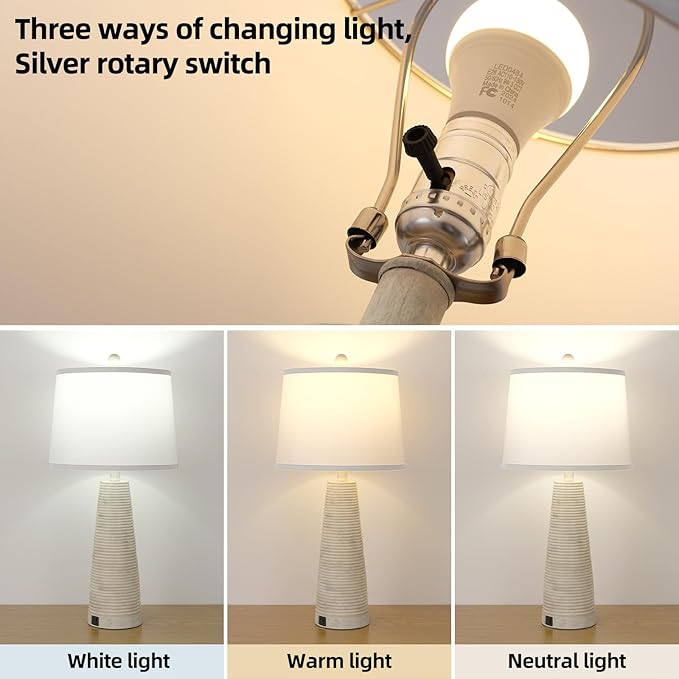 Terpsichore Nightstand Lamp Bedside Lamps Set of 2 Vintage Rustic Farmhouse Table Lamp 3 Way Dimmable Horizontal Stripe Light,for Living Room Bedroom,USB A+C (Pale Yellow, Hing 27 in)