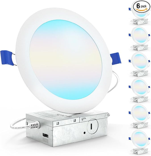 Sunco Lighting 6 Inch Ultra Thin LED Recessed Ceiling Lights Slim, Selectable Color Temperature, Dimmable 14W=100W, 850 LM, Canless Wafer Thin with Junction Box - ETL Energy Star 6 Pack