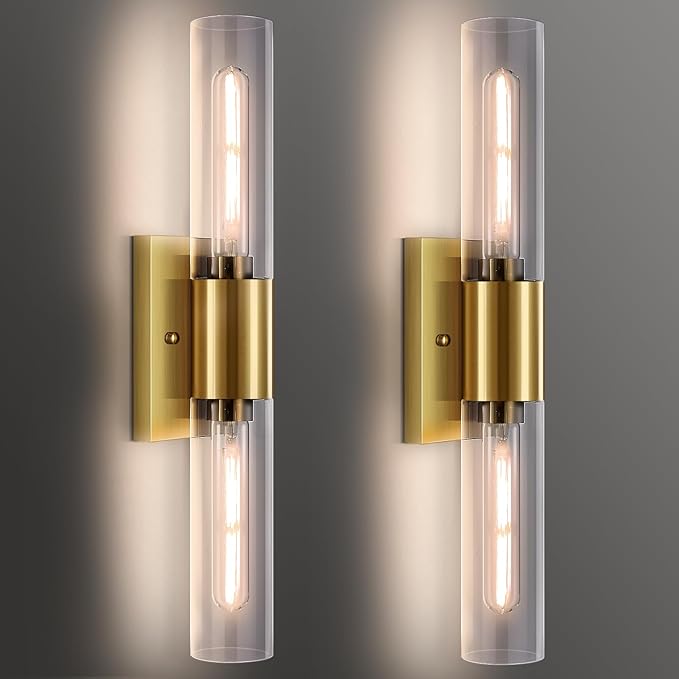 21" Gold Wall Sconces Set of Two, 2-Light Bathroom Sconces Vanity Light Tube Sconce, Clear Glass Indoor Hardwired Mounted Wall Lighting for Living Room,Bedroom,Hallway-Gold Clear (Bulb Not Included) - Aura Lighting