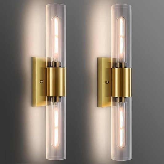 21" Gold Wall Sconces Set of Two, 2-Light Bathroom Sconces Vanity Light Tube Sconce, Clear Glass Indoor Hardwired Mounted Wall Lighting for Living Room,Bedroom,Hallway-Gold Clear (Bulb Not Included) - Aura Lighting