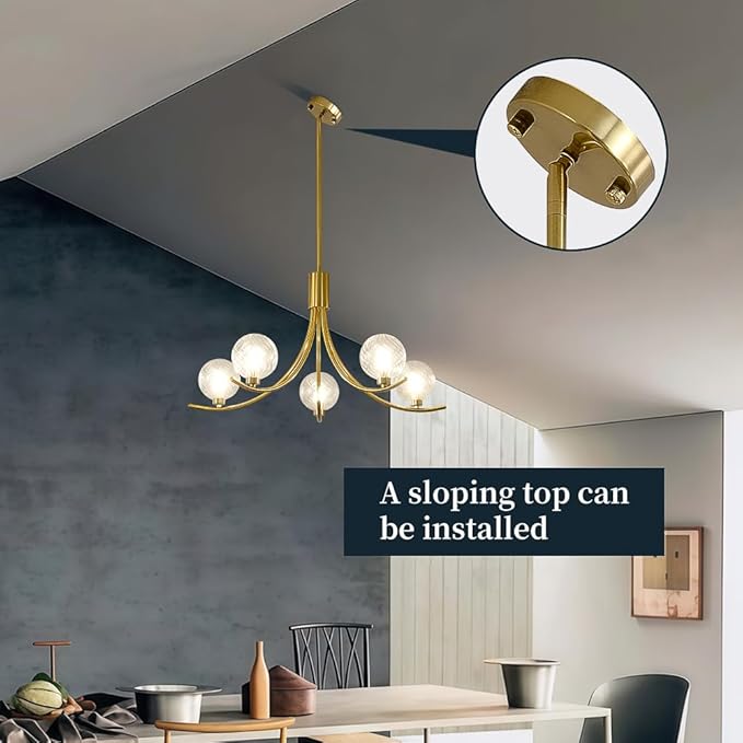 5-Head Gold Modern Chandelier with 5 Clear Glass Globe Bulbs, Globe Chandelier, Elegant Lamps with Gold Accents, Ceiling Light for Living Room Kitchen Island Bedroom Entryway