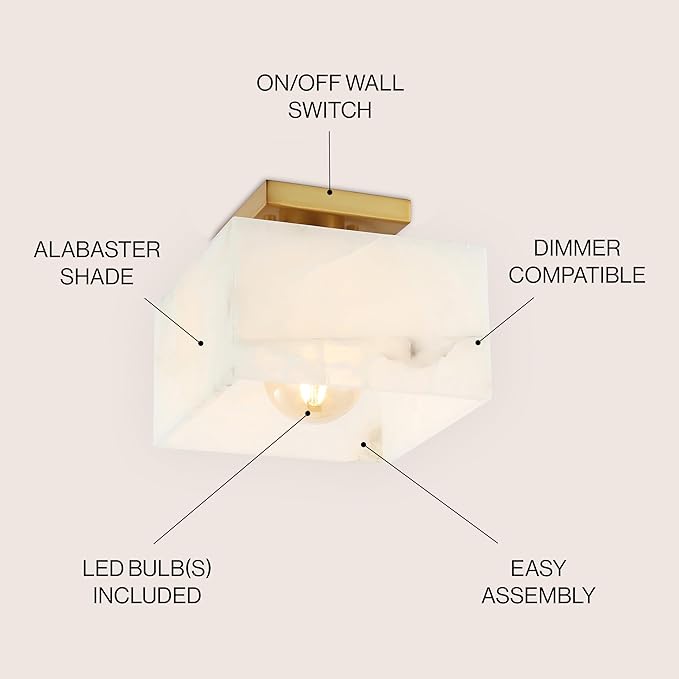 JONATHAN Y 5" White Marbling/Brass Gold Modern 1-Light Semi Flush Mount Ceiling Light for Bedroom, Cube White Alabaster Marble Shade, Mid-Century Minimalist Fixture, LED Bulb Included (JYL1203A)