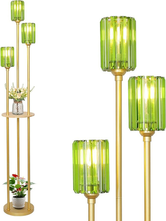 HMVPL Gold Floor Lamp for Living Room, Vintage Floor Lamp with Wood Shelf, Mid Century Standing Lamp with Table, Modern Tall Lamp with Green Crystal Shade, On/Off Switch, Boho Corner Lamp for Bedroom - Aura Lighting