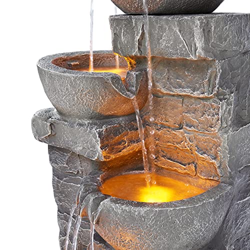 33.25 in. Cascading Bowls and Stacked Stones LED Outdoor Water Fountain for Gardens