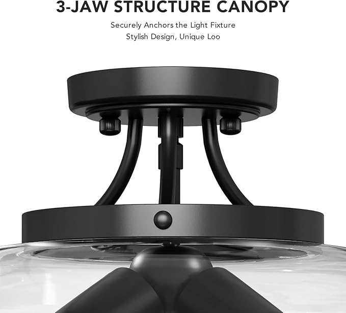 VONLUCE Semi Flush Mount Ceiling Light, 13.8" Ceiling Light Fixture with Clear Glass Shade, E26 Base, 3-Bulb Industrial Lighting Fixture for Hallway Entryway Bedroom, Matte Black, ETL Certificated - Aura Lighting