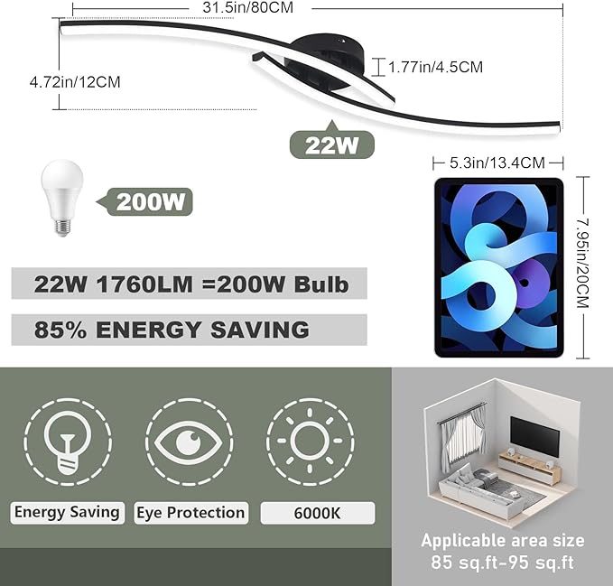 Modern LED Ceiling Light 22W Black Linear Ceiling Lights Fixture 6000K Aluminum 31.4Inch Long Flush Mount Ceiling Light Fixture Lamp for Bedroom Hallway Kitchen Bathroom - Aura Lighting