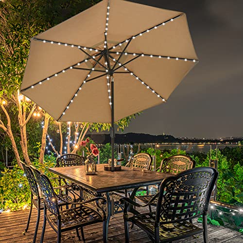 USA 10-Year-Non-Fading 9ft Market Patio Umbrella, Commercial Grade Table Sun Umbrella with 80 Solar LED Lights, Crank Open, Windproof & UPF 50+ UV Protection for Garden, Deck, Pool, Backyard, Heather Beige