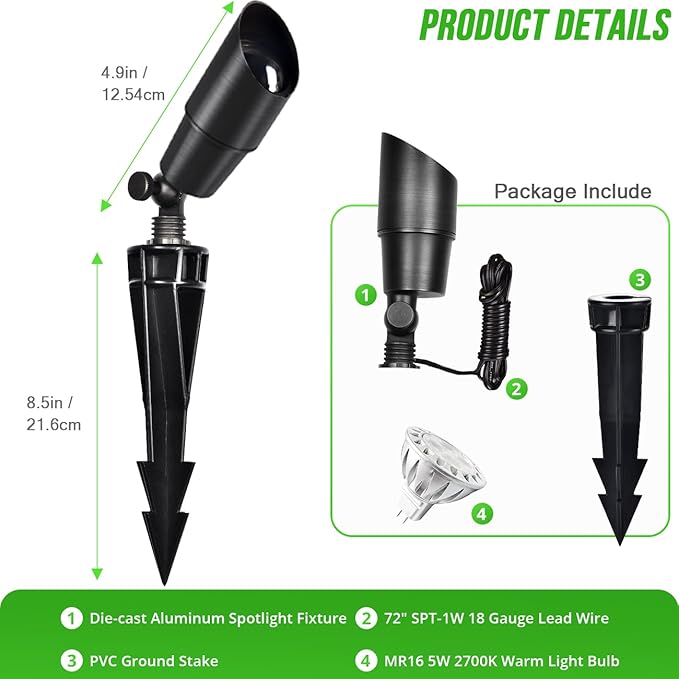 wowlite Matte Black Aluminum Outdoor Spot Lights with 4 Light Bulbs, 5W 2700K Warmlight 12V Low Voltage Landscape Lighting Fixture, IP65 Waterproof LED Uplights for Garden Courtyard Pathway, 4 Pack - Aura Lighting