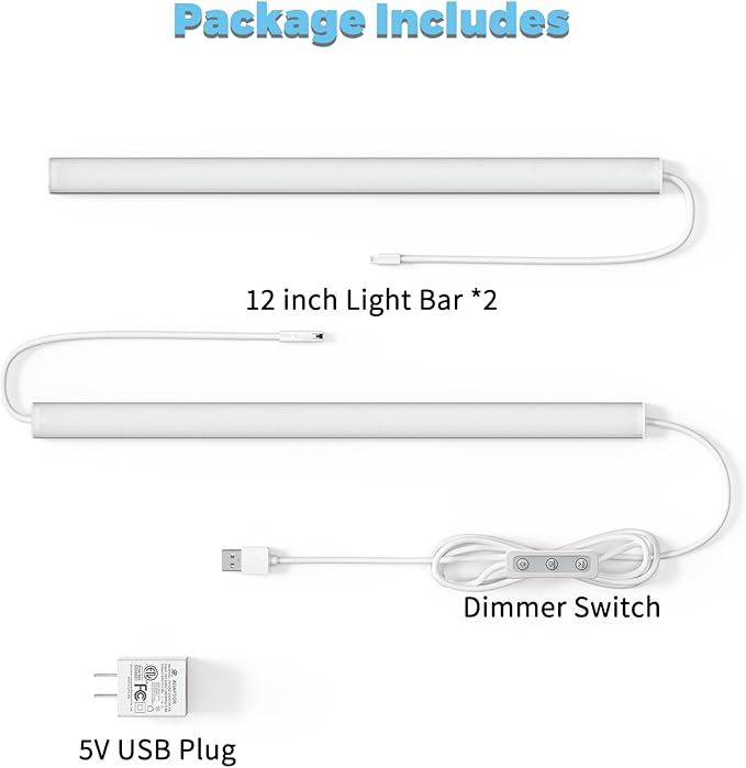 ASOKO HOME Dimmable USB Under Cabinet Lights - 3 Pack 12" Linkable LED Strips, 2700K Warm White for Kitchen, Desk, Workbench