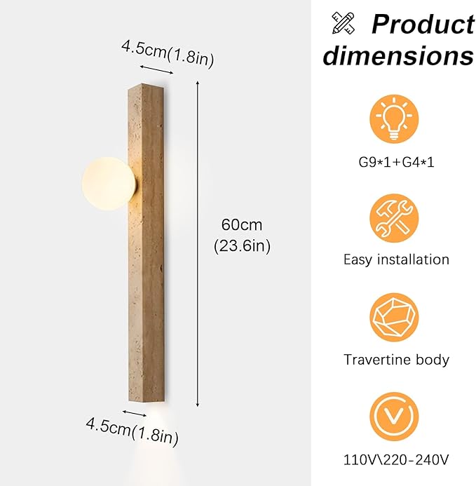 Rectangle Yellow Travertine Wall Lamp, 23.6" H Long Linear Stone Wall Sconce with Glass Lampshade, Japanese Style Wabi-Sabi Art Decor Lighting Fixture for Bedroom Living Room Dining Room
