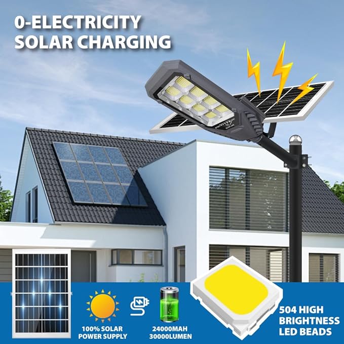 Solar Street Lights Outdoor, 4600W Solar Powered Flood Lights IP67 Waterproof 6500K 504 LEDs Commercial Security Light with Remote Control Dusk to Dawn for Parking Lot Yard Garden Garage etc.