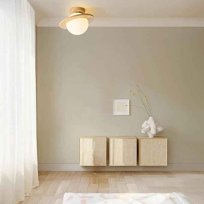 Modern Nordic Ceiling Light, Creative Planet Ceiling Lamp, 3-Color Dimming Saturn Ball Solid Wood Flush Mount Lighting Fixture, Close to Ceiling Lamp, for Nursery Bedroom Hallway