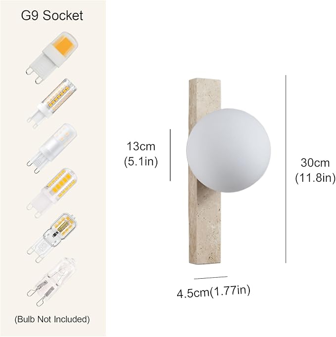 Yellow Travertine Stone Wall Sconce, Natural Marble Wall Lamp with Glass Lampshade, Japanese Style Wabi Sabi Wall Light Fixture for Bedside Bedroom Living Room Hallway Entryway