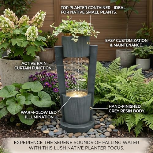 33" H Modern Outdoor Water Fountain Cascading Realistic Rock Waterfall Fountains with LED Lights Outdoor Water Fountain for Garden Patio Backyard Porch Home Decor Gold