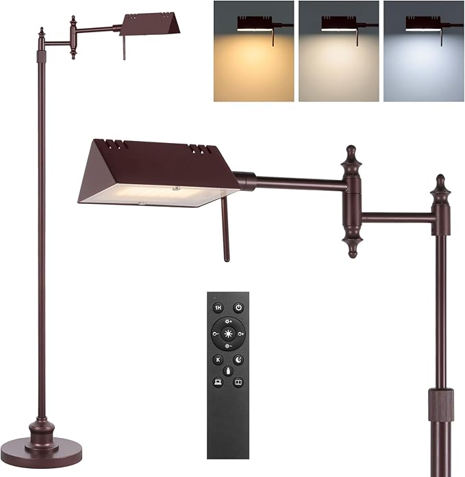 Dimmable Pharmacy Floor Lamp with Remote, 17W LED Reading Floor Lamp with 360°Swing Arm, 3 Color Temperature, Height Adjustable Standing Task Lamp for Living Room, Bedroom, Office, Oil-Rubbed Bronze