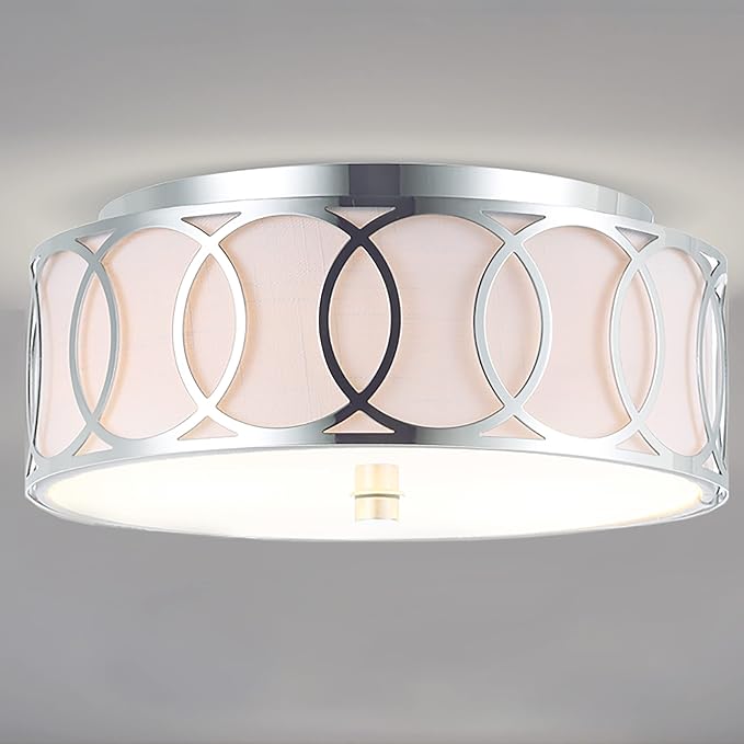 JONATHAN Y 12.25" Chrome Modern Metal LED Flush Mount Ceiling Light for Bedroom Hallway, White Linen Drum Shade with Geometric Fretwork, LED Bulbs Included (JYL3502B)