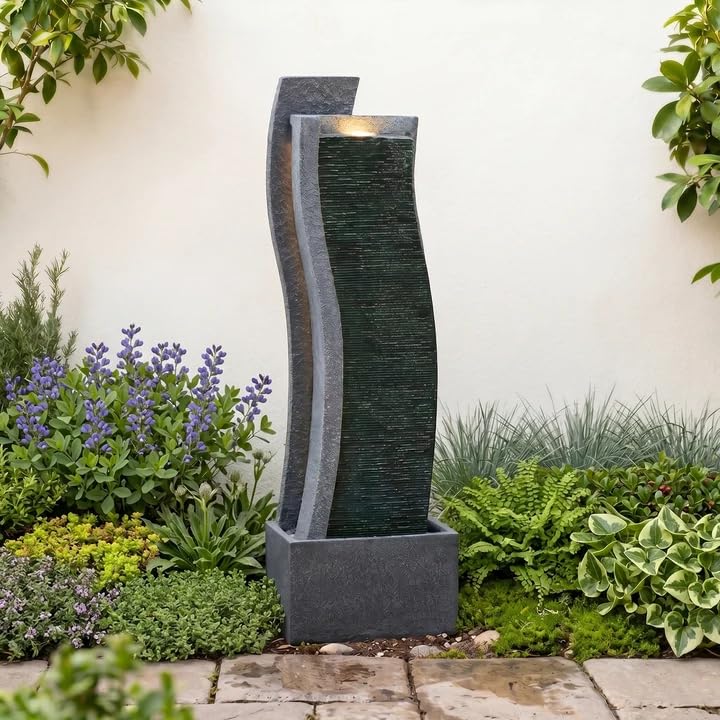 43H Modern Outdoor Water Fountain with LED Light for Garden Decor