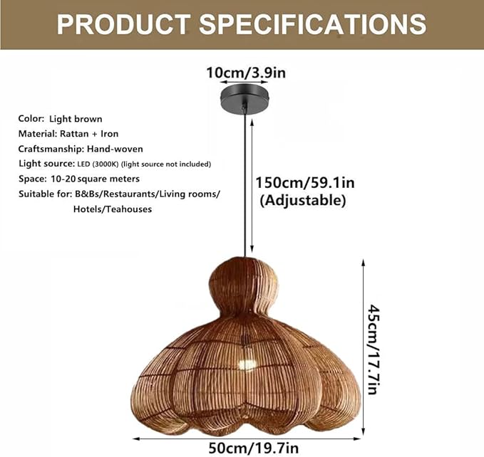 Woven Rattan Light，Petal-Shaped Rattan Lampshade，Large Hand-Woven Wabi-sabi Style Chandelier，Adjustable Pendant Light Fixtures for Dining Room, Kitchen, Living Room