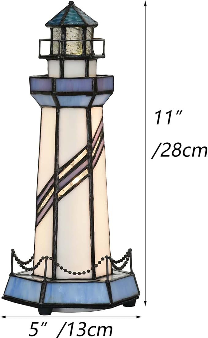 Bieye L10776 Lighthouse Tiffany Style Stained Glass Accent Table Lamp Night Light for Home Decoration (5x5x11, Blue)