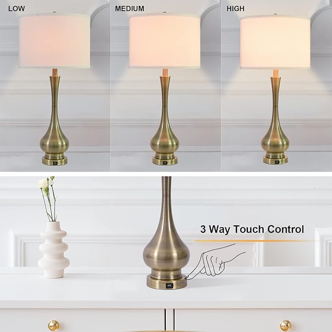 Touch Lamp for Bedrooms Set of 2, 3-Way Dimmable Nightstand Lamp Sets with Linen Fabric Shade, Bedside Lamp with USB Port & E26 Socket, Modern Tall Table Lamp for Bedroom, Living Room, Office