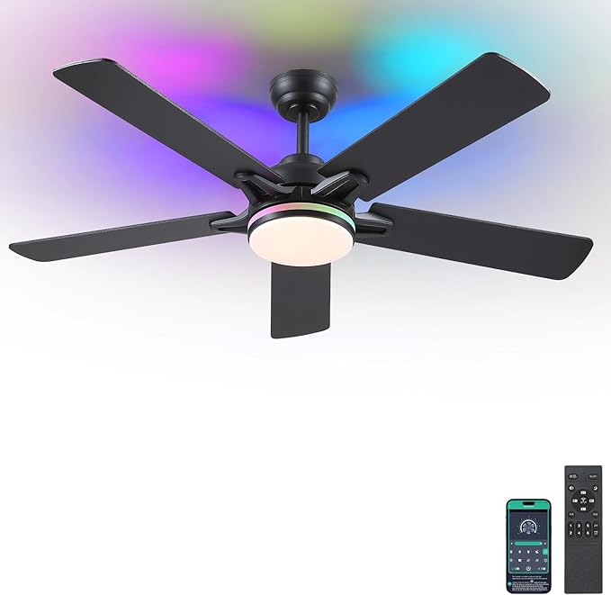 52 Inch Ceiling Fans with Lights and Remote/APP Control, Modern Ceiling Fan with RGB Lights for Bedroom Living Room Patio Porch Outdoor, Reversible Quiet Motor, 5 Wood Blades, Black