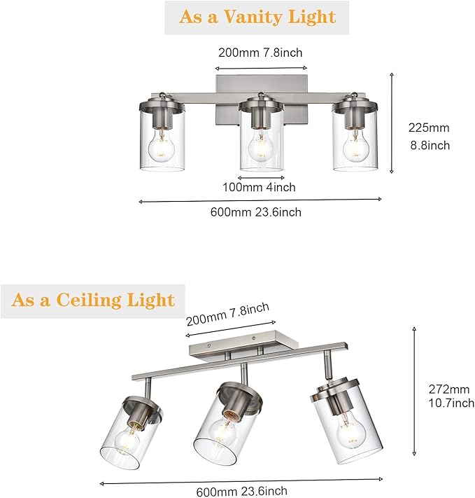 BONLICHT Modern Semi-Flush Mount Ceiling Light 3-Light Adjustable Ceiling Spotlight Brushed Nickel Kitchen Track Lighting Fixtures Industrial Wall Vanity Light Fixture with Clear Glass Shade - Aura Lighting