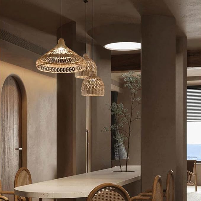 Rattan Wicker Pendant Light,Japanese Wabi-Sabi Vintage Bamboo Chandelier,Zen Natural Handwoven Hanging Lamp with Solid Wood Ceiling Plate,Living Room Fixture for Dining Room Bedside