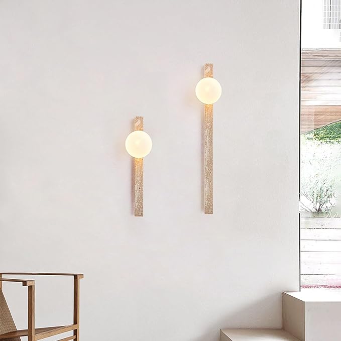 Modern Yellow Travertine Wall Sconce, Japanese Style Wabi Sabi Light Fixture with Natural Stone Base & Glass Lampshade, Interior Decoration Wall Lamp for Bedroom Living Room Hallway(60cm)