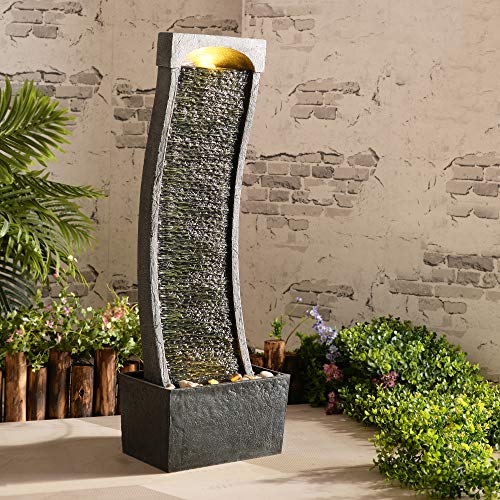 38.58 in. Modern Curved Faux Slate Waterfall Fountain for Indoors or Outdoors with LED Light Accents and 1.98