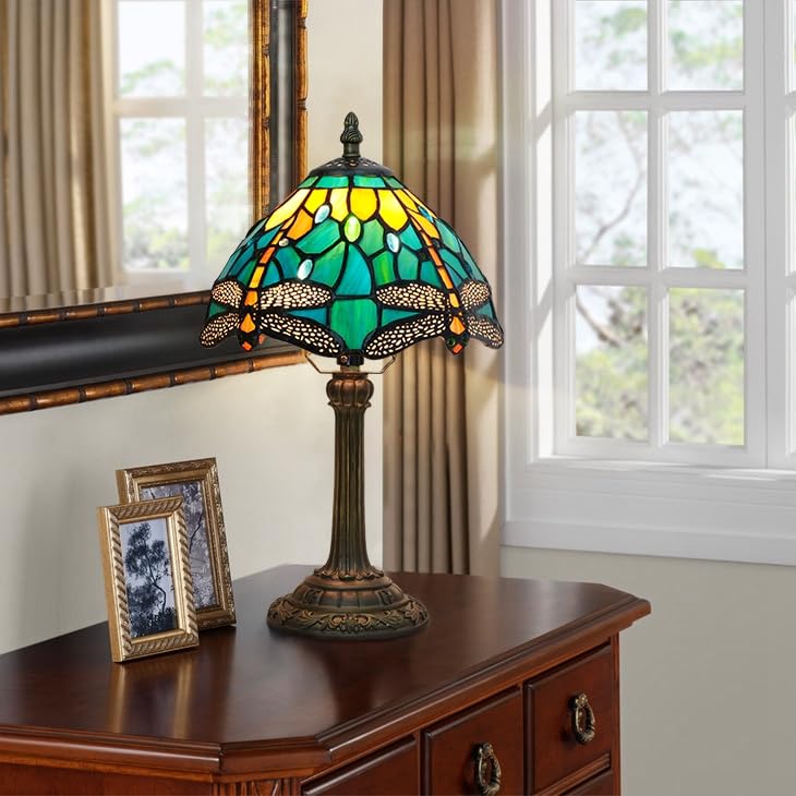 Tiffany Lamp Style Stained Glass Table Lamp Teal Dragonfly Green Bedroom Bedside Light for Office Dorm Bar Decor Retro Unique Cute fun Small Night Light Gift Aesthetic Accent Village Nightstand Lamps