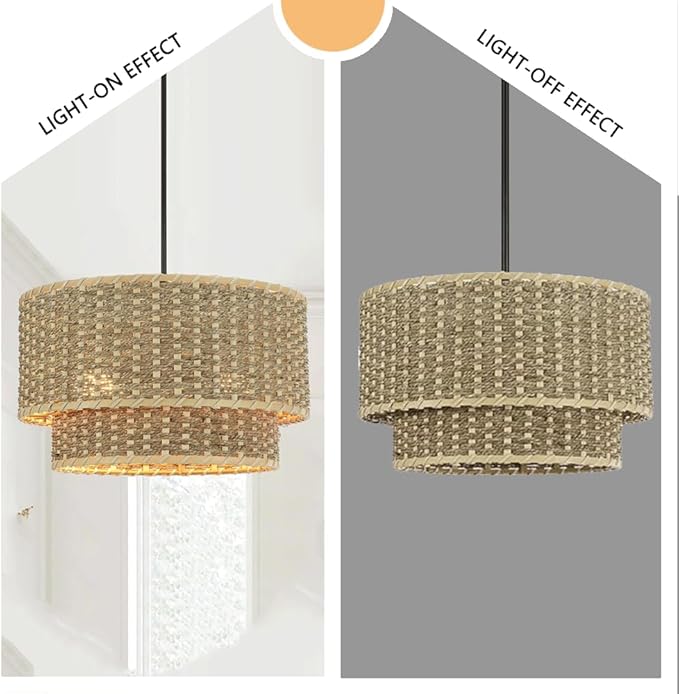 13.9inRattan Pendant Light,Japanese Retro Restaurant Bamboo Lighting Fixture,Wabi-Sabi Double Layer Column Chandelier,Handwoven Hanging Lamp,for Shop Living Room Tea Room Kitchen Island,E26