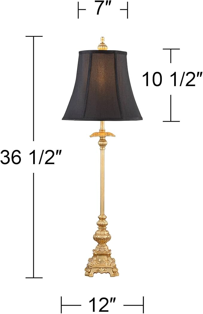 Regency Hill Juliette Traditional French Country Buffet Table Lamps 36.5" Tall Skinny Set of 2 Glam Luxury Style Gold Candlestick Black Fabric Bell Shade for Living Room House Home Entryway