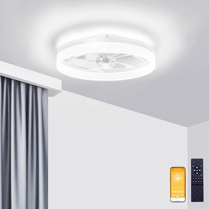 VOLISUN Low Profile Ceiling Fans with Lights and Remote, 19.7in Fandelier Ceiling Fan Flush Mount, 3000K-6500K Smart Bladeless LED Fan Light, White Modern Ceiling Fans with Lights for Bedroom - Aura Lighting