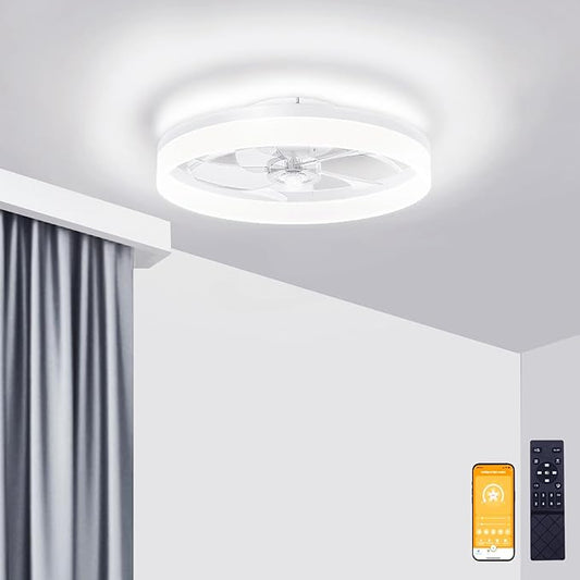 VOLISUN Low Profile Ceiling Fans with Lights and Remote, 19.7in Fandelier Ceiling Fan Flush Mount, 3000K-6500K Smart Bladeless LED Fan Light, White Modern Ceiling Fans with Lights for Bedroom - Aura Lighting
