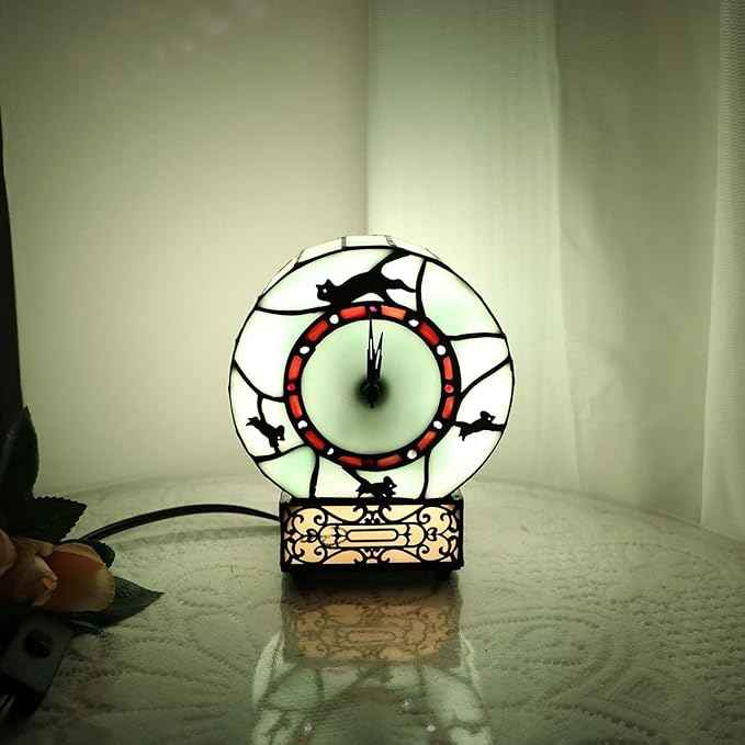 Bieye L10970 Cat and Mouse Tiffany Style Stained Glass Desk Clock Table Lamp for Home Decor (Green)