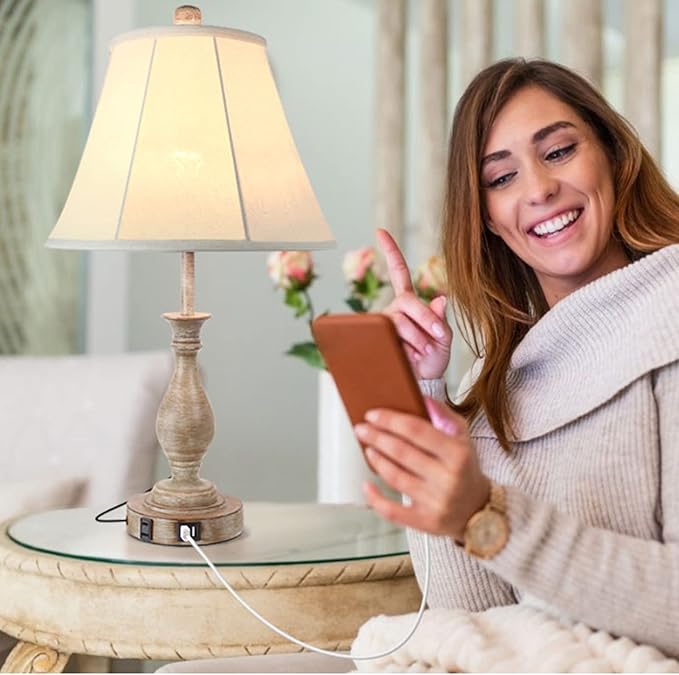 LALISU Farmhouse Table Lamp Touch Control 3-Way Dimmable Table Lamp, Modern Nightstand Lamp with 2 USB Port Bedside Desk Lamp with Fabric Shade for Living Room Bedroom Hotel (Pack 1-Beige Shade)
