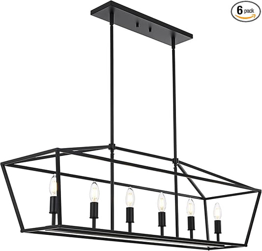 6-Lights Kitchen Island Pendant Lighting in Black Finish, 42-Inches Width Farmhouse Light Fixtures Ceiling Hanging for Dining Room Pool Table